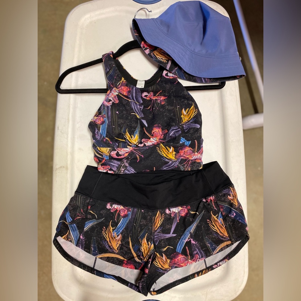Lululemon matching outfit- Veiled Floral Athletic Set with Blue Hat-